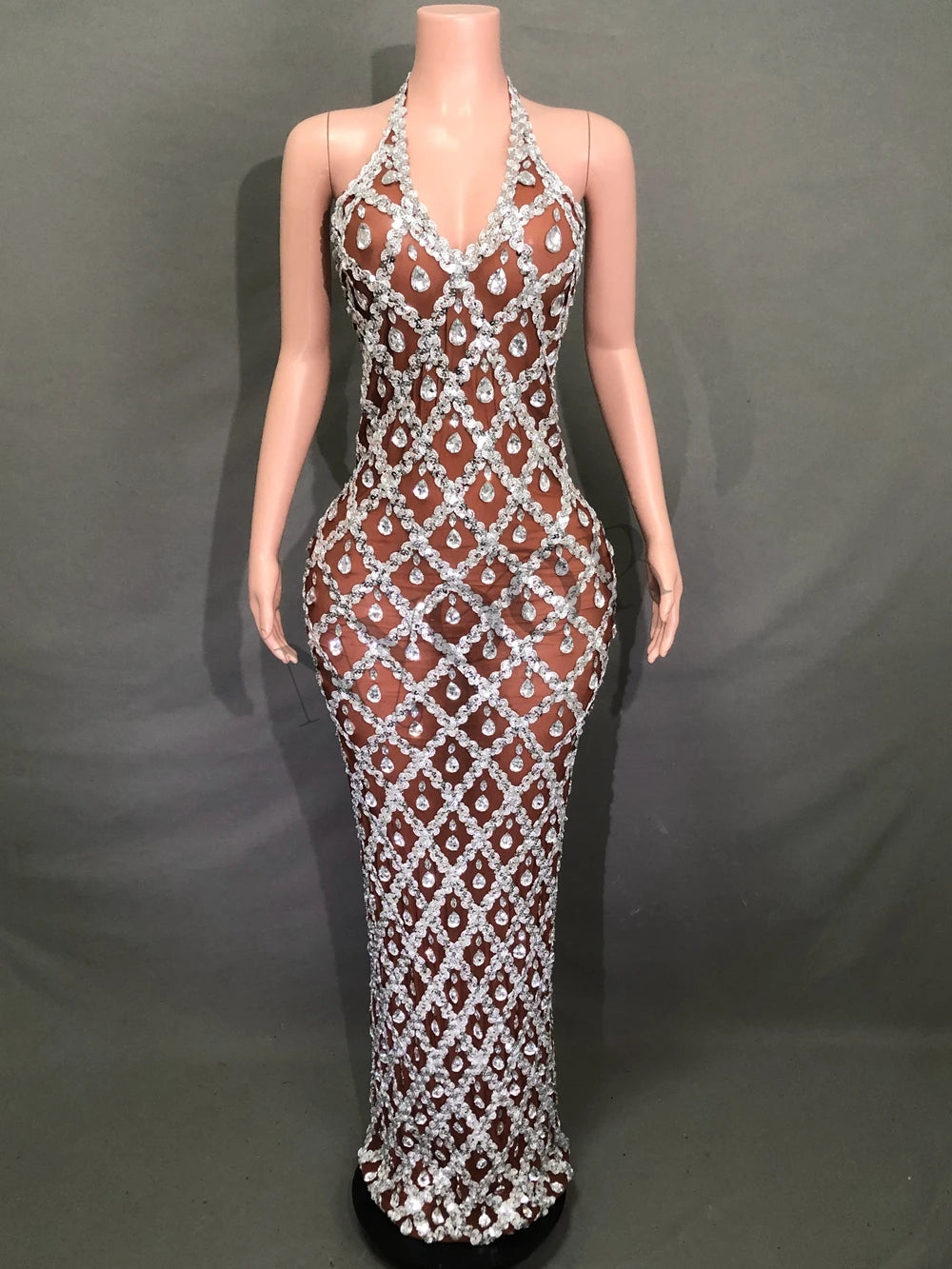 Sparkly Rhinestones Long Dress for Women Sexy V Neck Backless Mesh Transparent Celebrate Evening Wedding Prom Birthday Dress - JN Fashion Fusion
