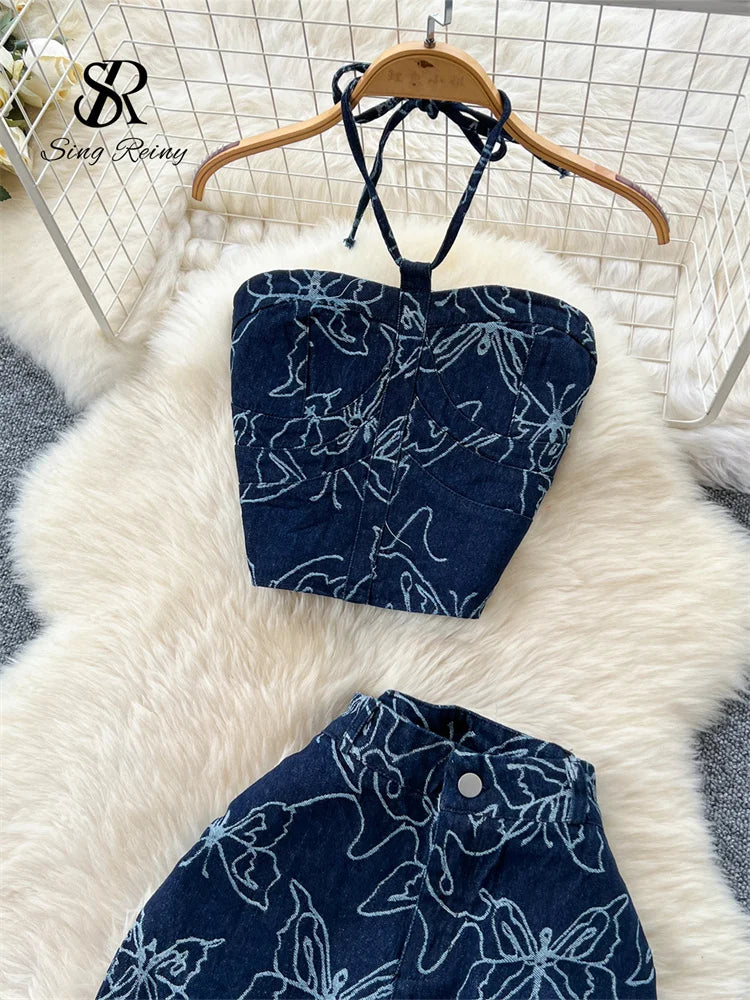 SINGREINY Butterfly Print Denim Two Pieces Sets 2025 Halter Strapless Sim Camis+Wide Legs Long Pant American Retro Fashion Suits - JN Fashion Fusion