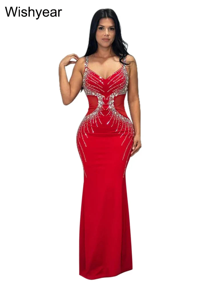 New Fashion Senior Evening Party Red Spaghetti Strap Diamonds Design Wedding Gowns Dress Women Elegant Bodycon Birthday Vestidos - JN Fashion Fusion