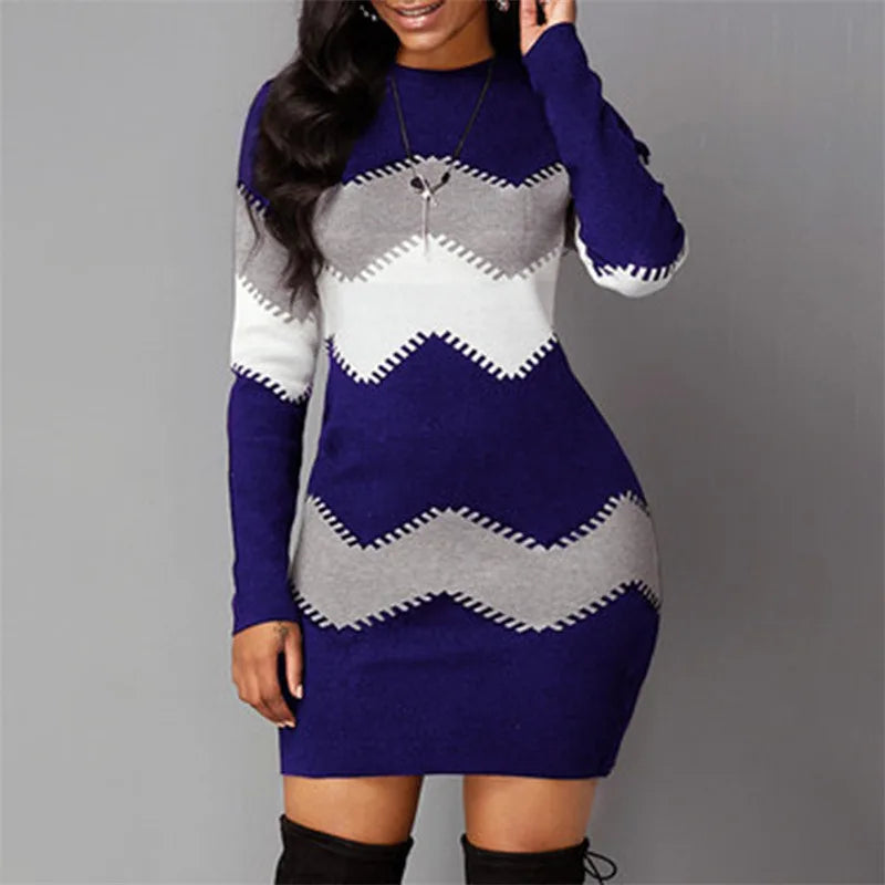 Women Elegant Patchwork Long Sleeve Warm Dress 2022 Autumn Winter Rib Knit Sweater Dress Casual Turtleneck Pullover Mini Dresses - JN Fashion Fusion