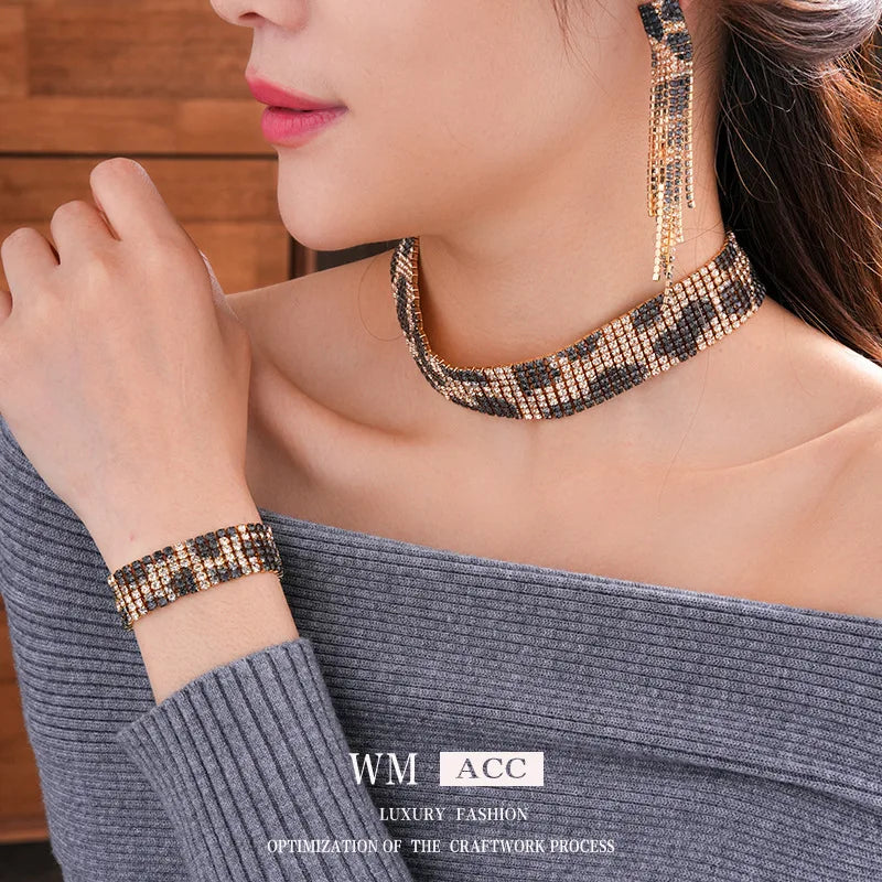 Women's Fashion Jewelry Set with Leopard Print and Inlaid Rhinestone Long Tassel Earrings and Statement Necklace and Bracelet - JN Fashion Fusion