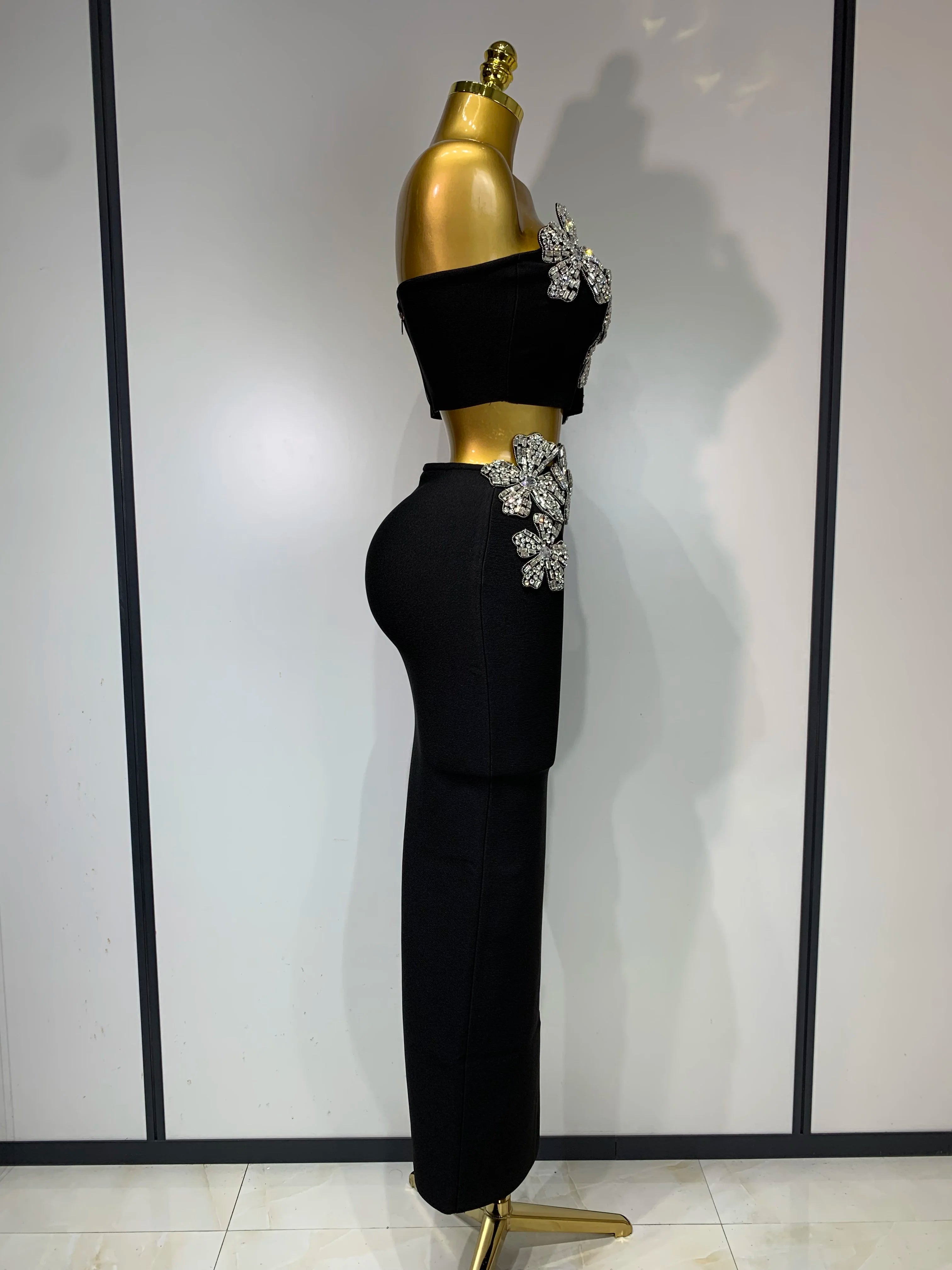 Women Sexy Strapless Flower Diamonds Black Maxi Long Bandage Two Piece Set 2025 Knitted Elegant Evening Club Party Prom Gowns - JN Fashion Fusion