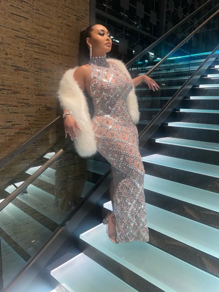 Elegant Dark Mesh Celebrate Evening Wedding Prom Gown Birthday Dress Photograph Wear Sparkly Rhinestones Sleeveless Long Dress - JN Fashion Fusion