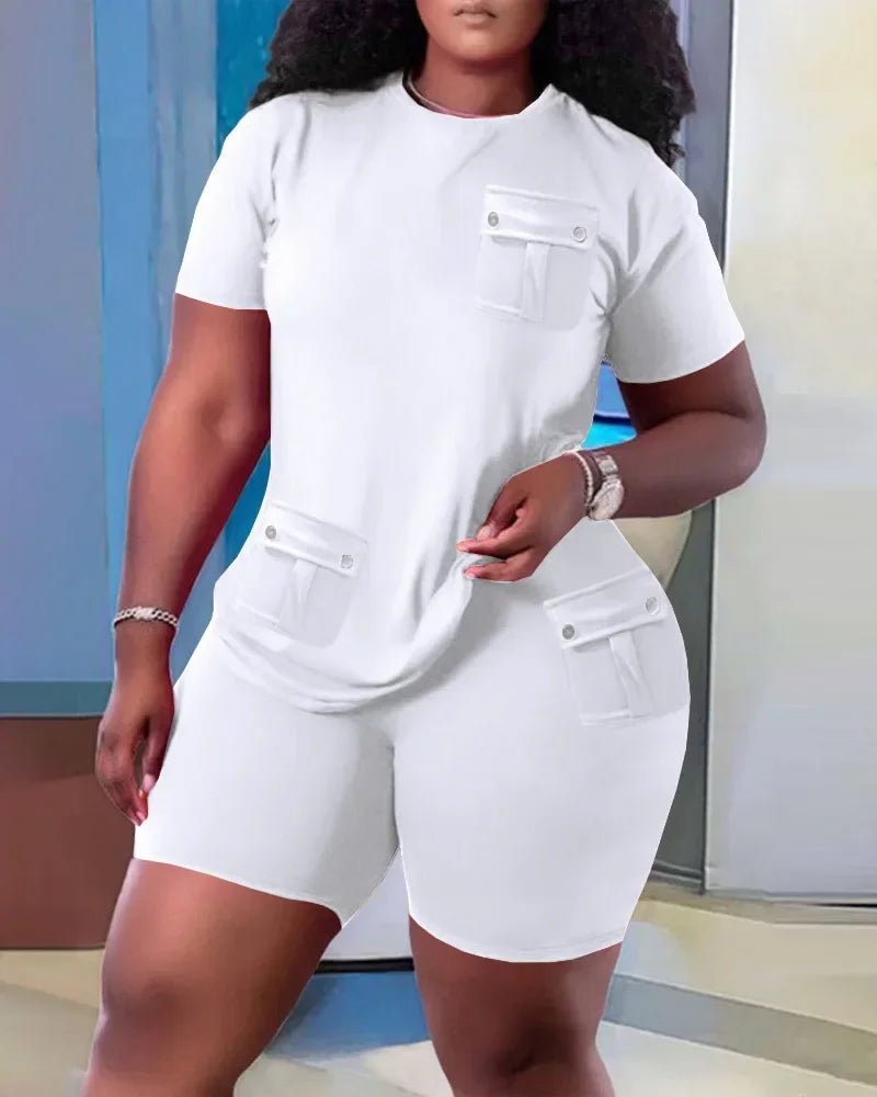 Women Two Piece Shorts Sets Solid Round Neck T Shirts Pockets Elastic Waist Short Trousers Suits Leisure Ladies 2025 Summer - JN Fashion Fusion