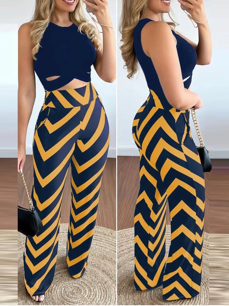 Spring Summer New Sleeveless Short Top Women's Suit Fashion Printed Trousers Slim Slim Simple Elegant Female Office 2 Piece Set - JN Fashion Fusion