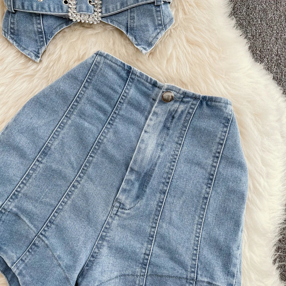 CM.YAYA Women Set Denim Strapless Belt Top +Mini shorts Sets Street Casual Two 2 Piece Set Sexy Party Outfit 2024 Summer - JN Fashion Fusion