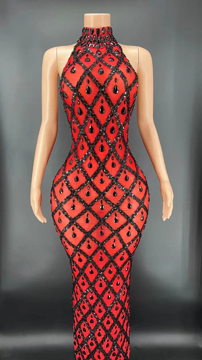 Elegant Dark Mesh Celebrate Evening Wedding Prom Gown Birthday Dress Photograph Wear Sparkly Rhinestones Sleeveless Long Dress - JN Fashion Fusion