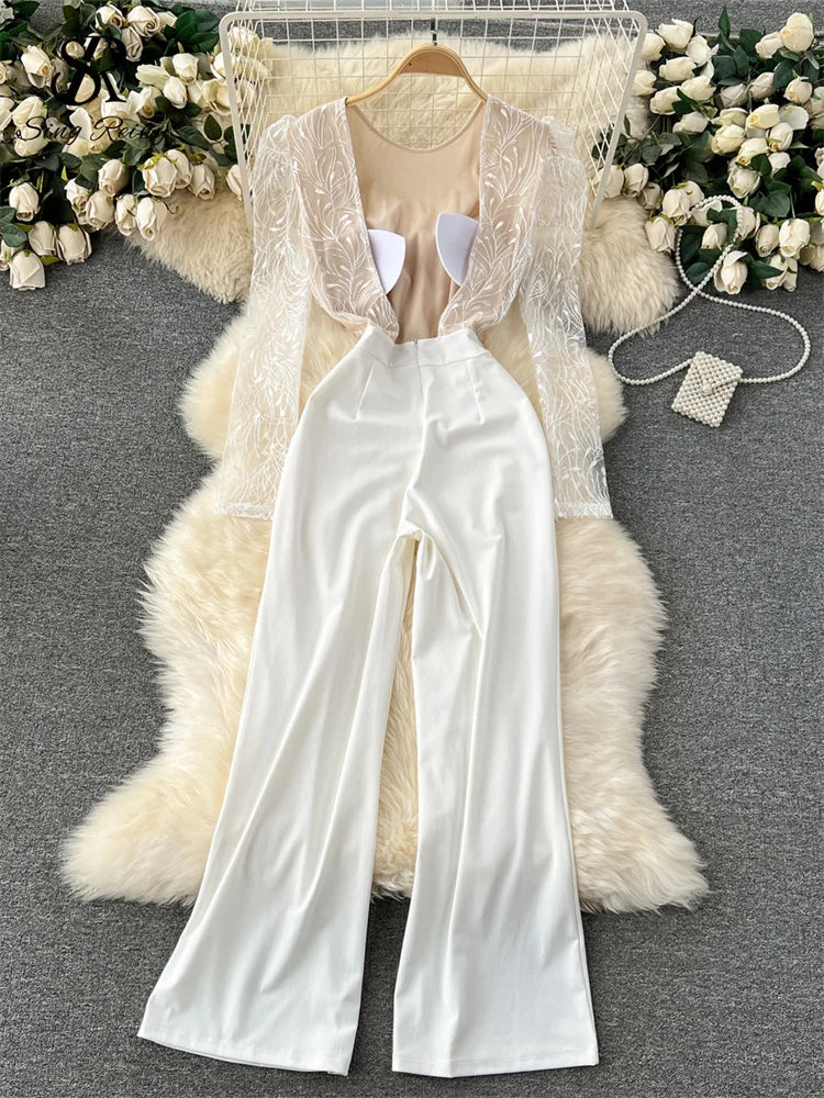 SINGREINY Autumn Sexy Jumpsuits Women Fashion Office Temperament O Neck Long Sleeves Lace Embroidered Backless Long Rompers - JN Fashion Fusion