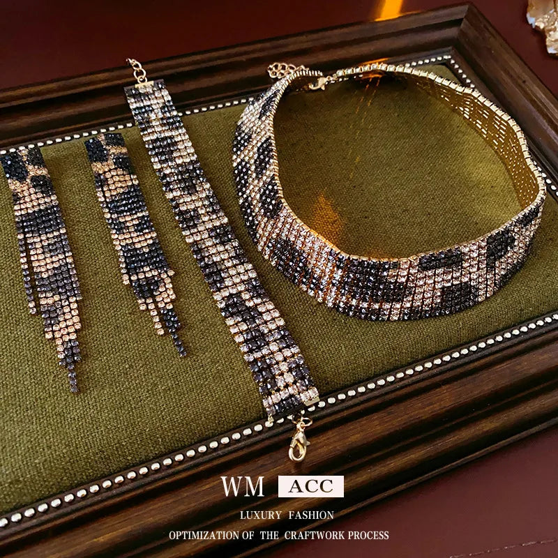 Women's Fashion Jewelry Set with Leopard Print and Inlaid Rhinestone Long Tassel Earrings and Statement Necklace and Bracelet - JN Fashion Fusion