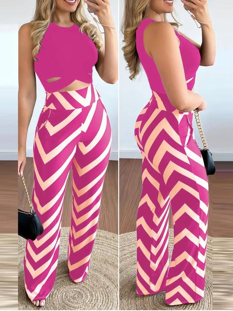 Spring Summer New Sleeveless Short Top Women's Suit Fashion Printed Trousers Slim Slim Simple Elegant Female Office 2 Piece Set - JN Fashion Fusion