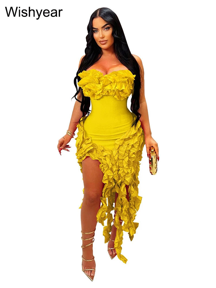 Sexy Girls Flower Irregular Party Long Dress Women Fall Strapless Ruffles Tassel Celebrities Elegant Birthdaay Prom Club Vestido