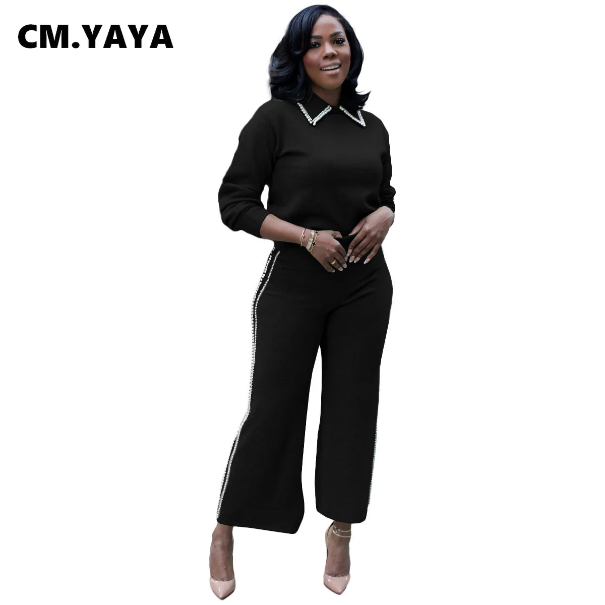 CM.YAYA Fashion Women's Set Full Sleeve Pearl T-Shirt and Wide Leg Pants Suit 2024 Casual Fall Two 2 Piece Sets Outfit Tracksuit - JN Fashion Fusion