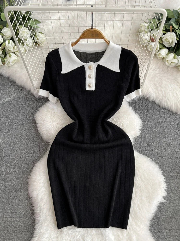 Polo Collar Patchwork Dresses Office Lady Casual Short Sleeve Knitted Dress Slim Mid Length Women Spring Summer Streetwear - JN Fashion Fusion