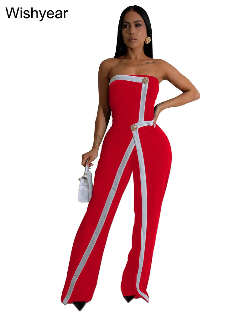 Wishyear Irregular Off Shoulder Sleeveless Strapless Jumpsuits Women Button Patchwork Wide Leg Pants Evening One Piece Outfits - JN Fashion Fusion