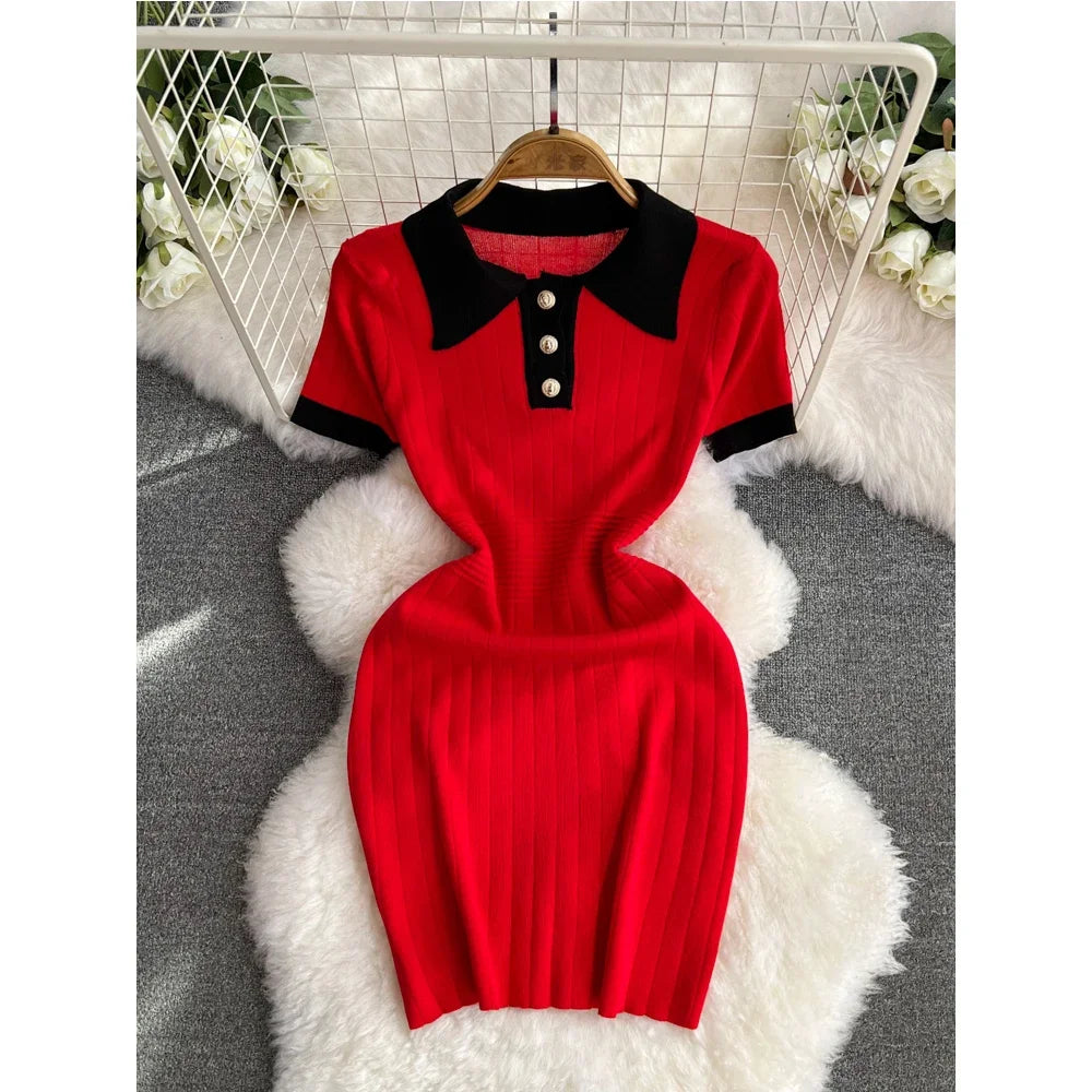Polo Collar Patchwork Dresses Office Lady Casual Short Sleeve Knitted Dress Slim Mid Length Women Spring Summer Streetwear - JN Fashion Fusion