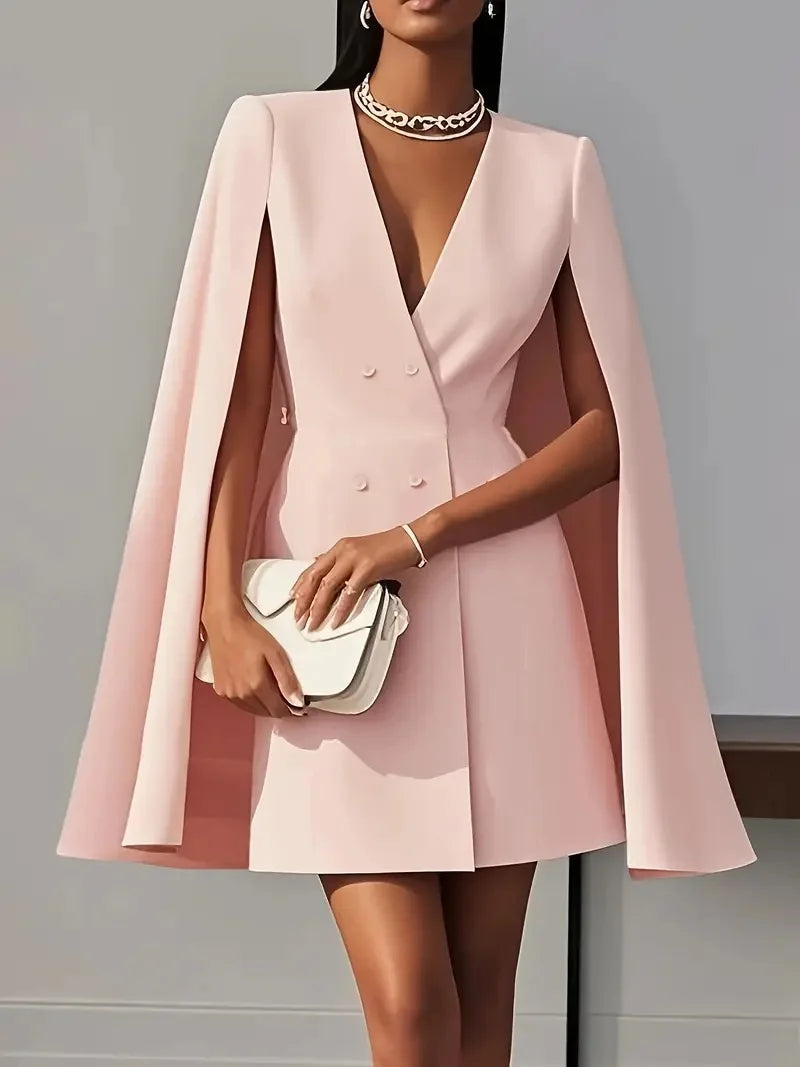 Women Fashion Commuter Solid Blazers Dress Office Double Breasted Waist Party Dress Elegant V-neck Shawl Cape Sleeve Midi Dress - JN Fashion Fusion