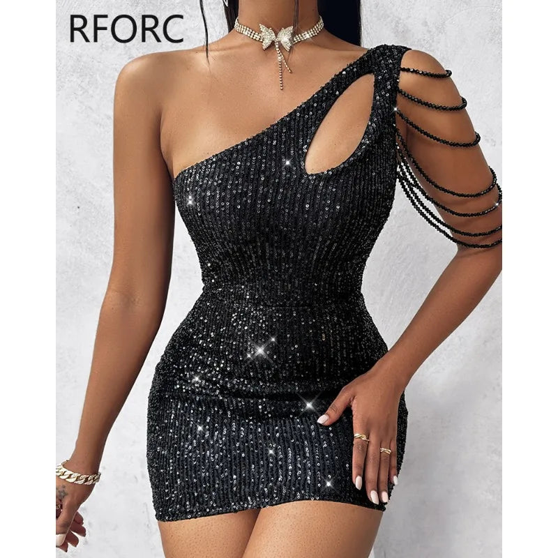 2023 Women One Shoulder Daigonal Collar Sequins Sleeveless Hollow Out Mini Bodycon Dress - JN Fashion Fusion