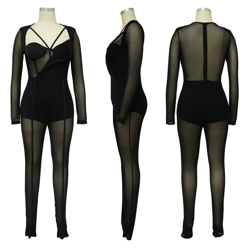 Sexy Mesh Patchwork Sheer Night Club Bodycon Jumpsuit for Women See Through One Piece Rompers Clubwear Party Birthday Outfits - JN Fashion Fusion