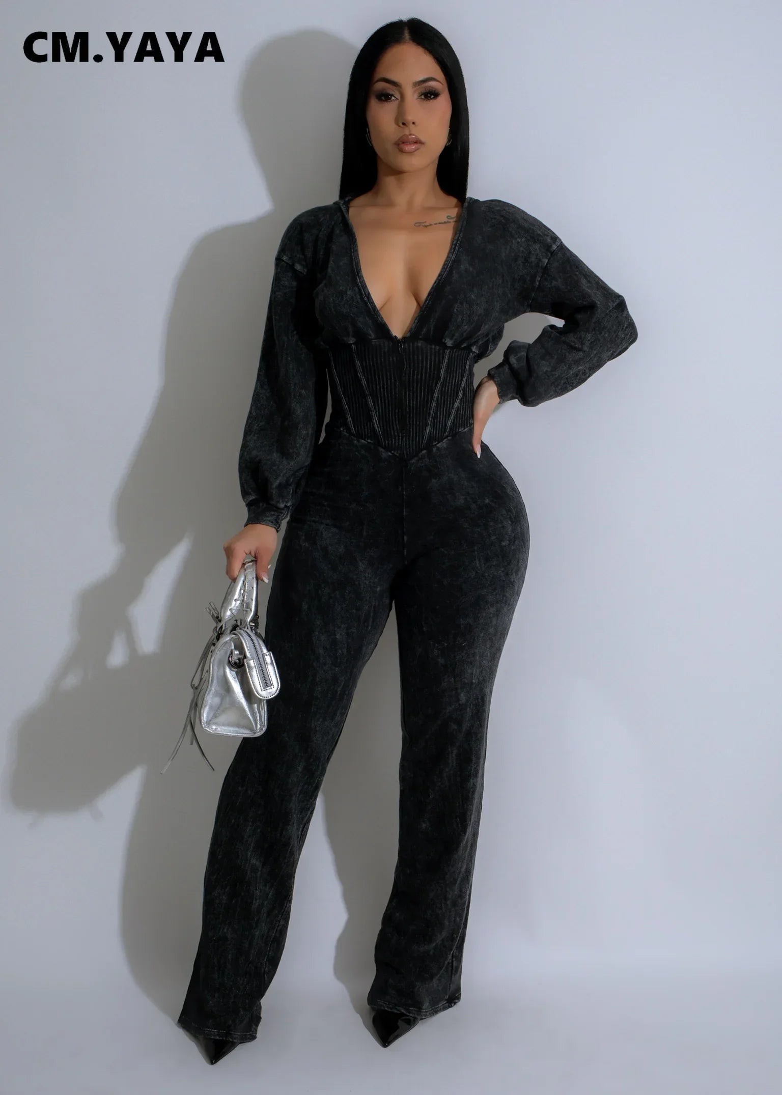 CM.YAYA Fashion Women Knit Ribbed Long Sleeve Moto Biker Jumpsuits V-neck Washed Street Party Outfits One Piece Suit Rompers - JN Fashion Fusion