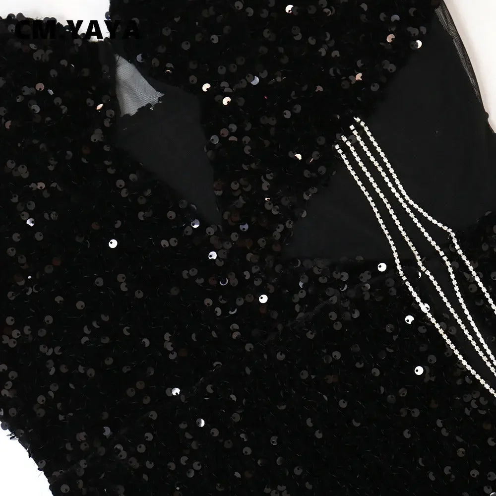CM.YAYA Women Sequined Tassel Front Spaghetti Strap Sleeveless High Side Slit Maxi Long Dress 2023 Evening Sexy Party Dresses - JN Fashion Fusion