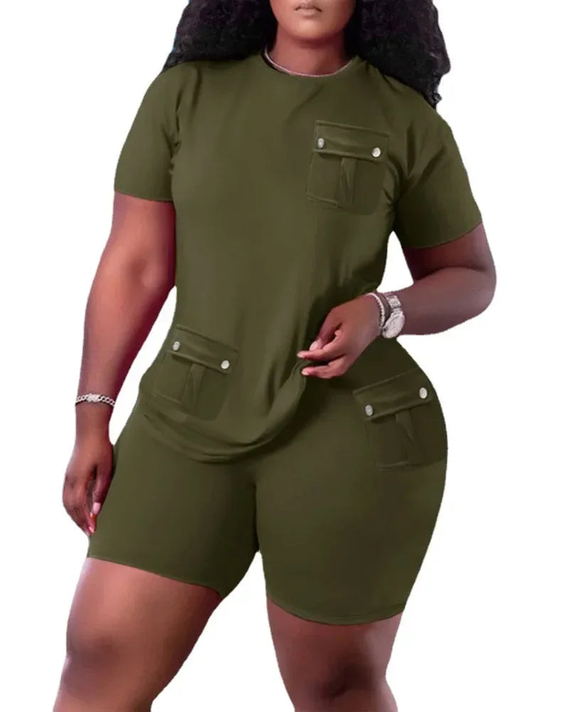 Women Two Piece Shorts Sets Solid Round Neck T Shirts Pockets Elastic Waist Short Trousers Suits Leisure Ladies 2025 Summer - JN Fashion Fusion
