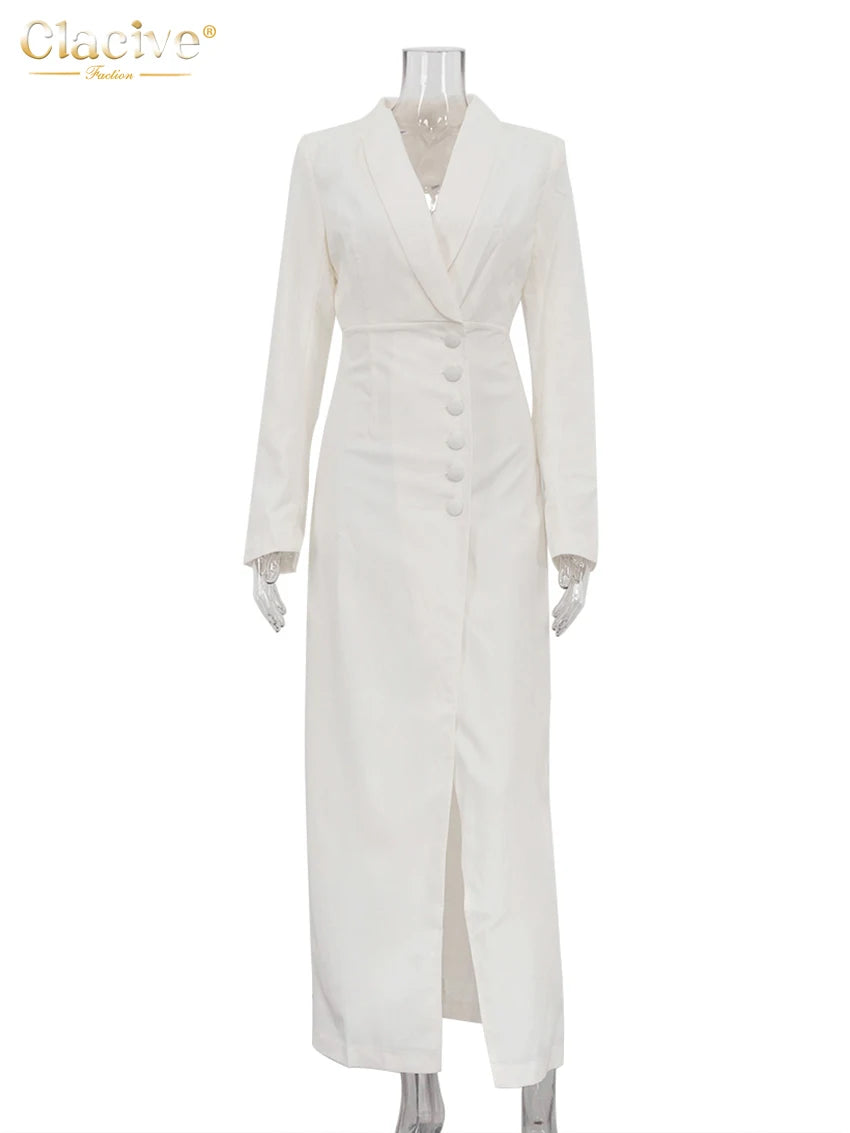Clacive Fashion Slim White Dress Bodycon Lapel Long Sleeve Ankle Length Dress Party Elegant Classic Slit Dresses For Women 2024 - JN Fashion Fusion