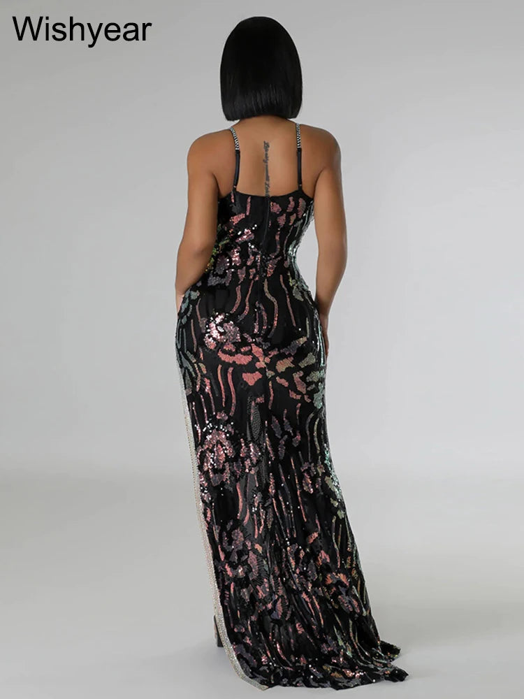 New Sequin Glitter Rhie Birthdy Party Long Dress Women's Spaghetti Straps High Split Wedding Evening Prom Celebrity