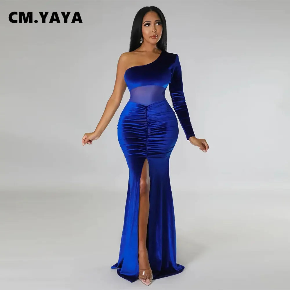 CM.YAYA Women Velvet Mesh Patchwork One Shoulder Long Sleeve High Slit Floor Length Mermaid Bodycon Midi Sexy Party Club Dresses - JN Fashion Fusion
