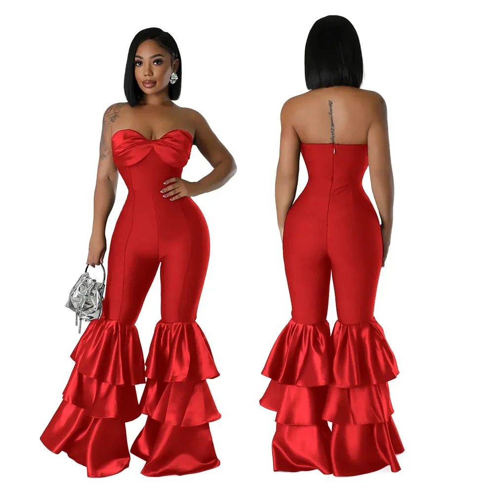 Jumpsuits Strapless Women Sleeveless Sexy Rompers One Piece Overalls Slim Fit Long Pant Ruffles Patchwork Elegant Lady - JN Fashion Fusion