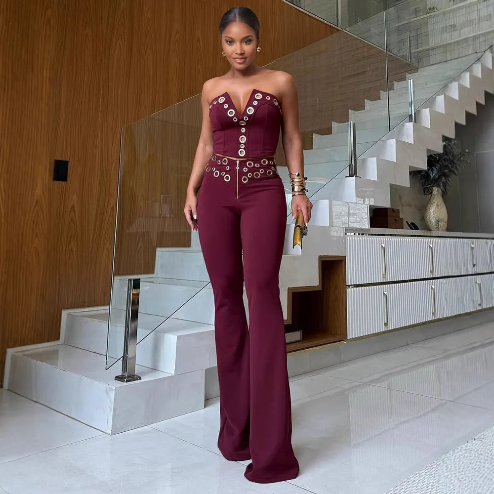 HLJ Elegant Hollow Out Patchwork 2 Piece Sets Woman Outfit Sleeveless Backless Crop Top and Pants Suit Female Party Clubwear New - JN Fashion Fusion