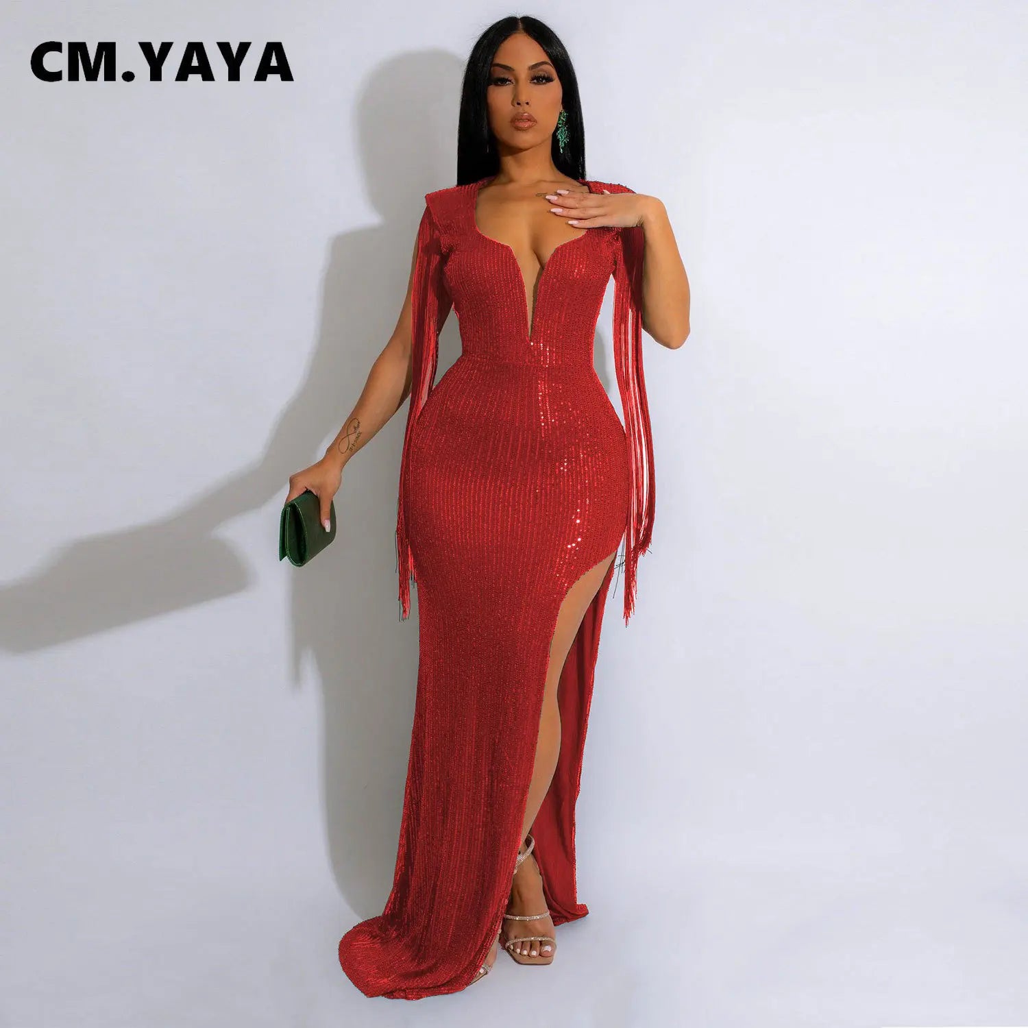 CM.YAYA Women Sequined Tassel Sleeve High Side Slit Midi Maxi Long Dress Autumn Winter Sexy Prom Party Evening Bodycon Dresses - JN Fashion Fusion