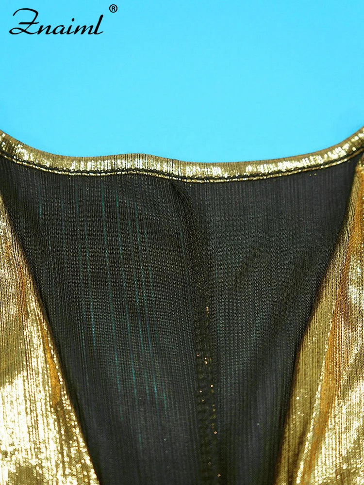 Znaiml Sexy Deep V Neck Long Sleeve Ruffles Split Dress Women Bodycon Golden Metal Elegant Christmas Party Birthday Event Robe