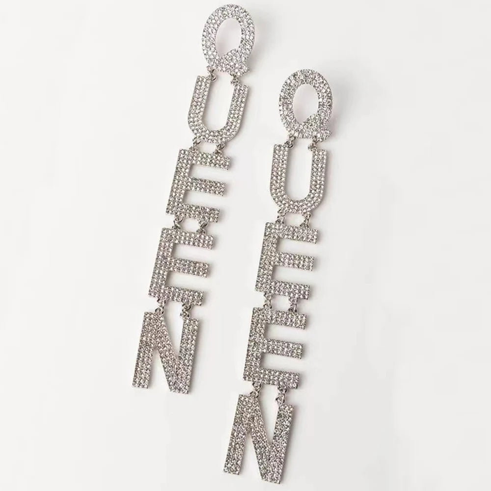 2022 Exaggerated Queen Rhinestone Earrings for Women Fashion Long Letters Pendant Earring Fashion Shiny Party Costume Jewelry - JN Fashion Fusion