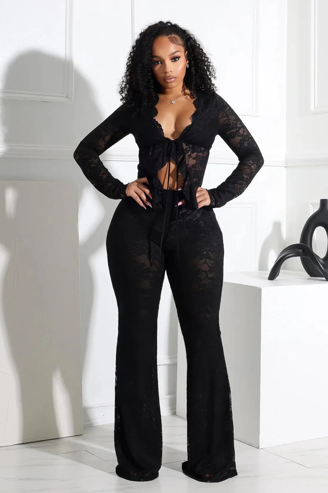 CM.YAYA 2025 Women's Set Long Sleeve Lace See Through Shirt + Long Pants Street Evening Sexy Two 2Piece Sets Outfits Tracksuit - JN Fashion Fusion