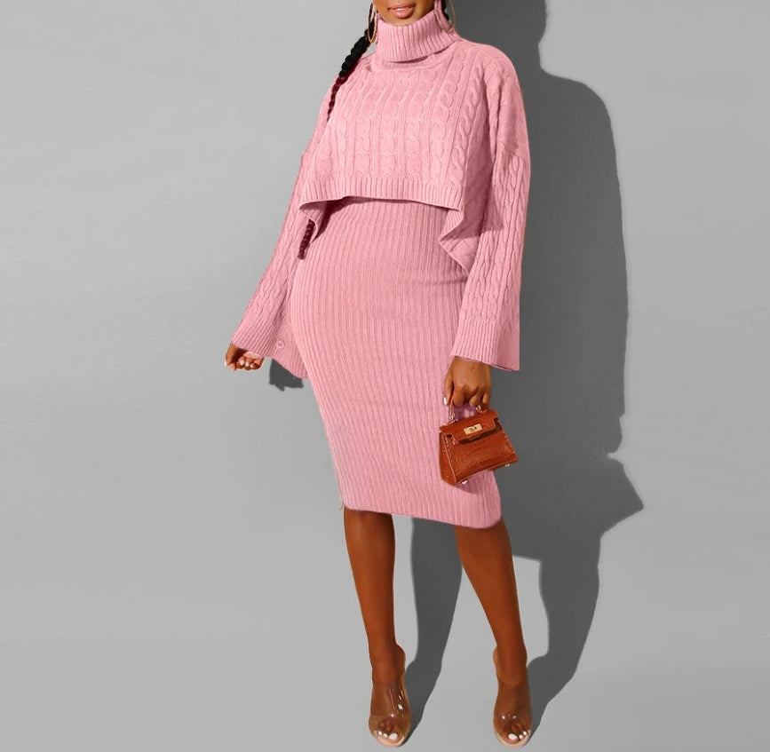 Women's Sweater Dress Set Autumn Winter New 2025 Solid Turtleneck Ribbed Sweater & Knitted Strap Dress Sets Matching Outfit - JN Fashion Fusion