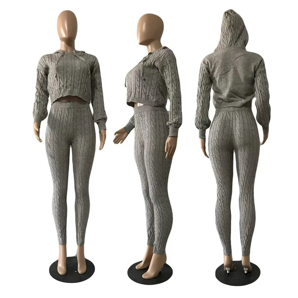 2 Piece Sets Womens Outfits Fashion Long Sleeve Cable Knit Hooded Sweater & Pants Suit Streetwear 2024 Autumn Winter Casual New