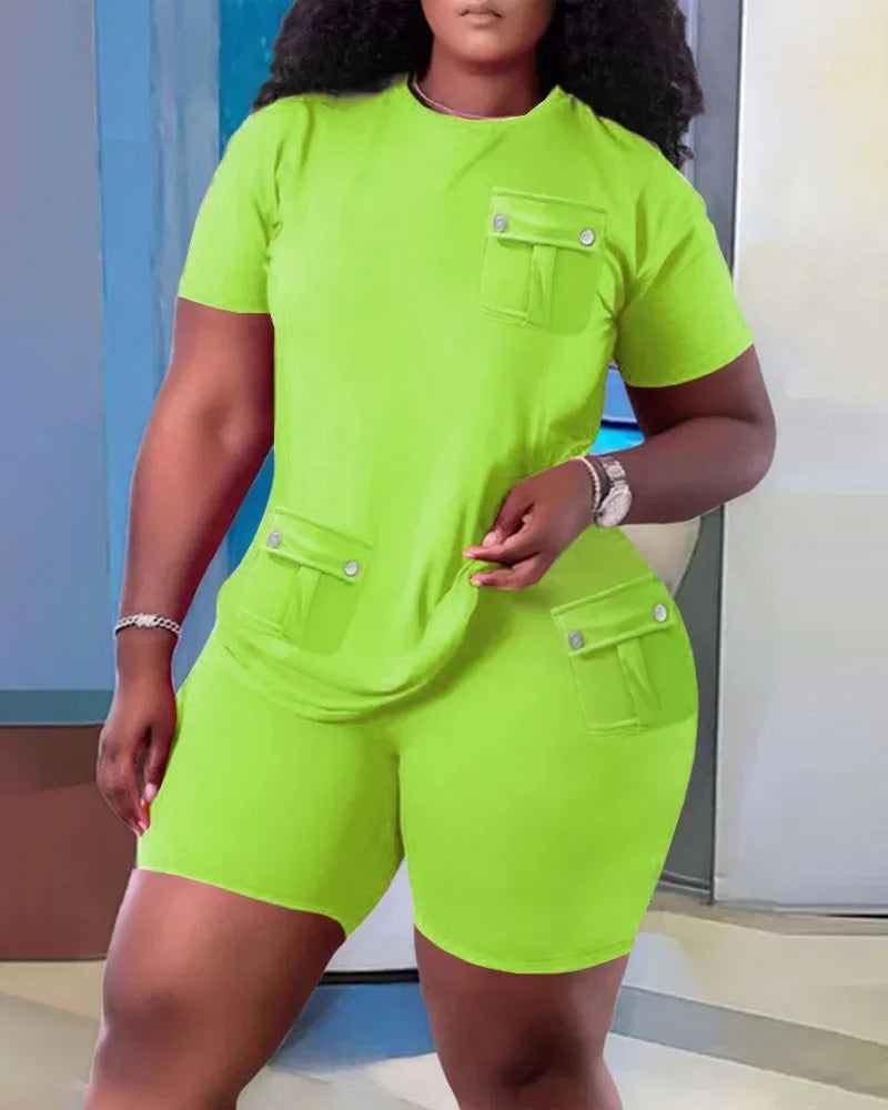 Women Two Piece Shorts Sets Solid Round Neck T Shirts Pockets Elastic Waist Short Trousers Suits Leisure Ladies 2025 Summer - JN Fashion Fusion