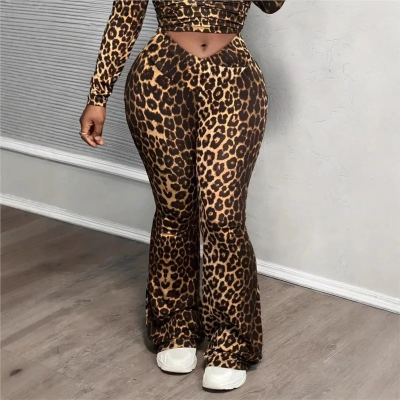 sexy Women's 2-piece Sets Suit Spring Summer Large size women deep v-neck two-piece leopard long-sleeve trousers set clothing - JN Fashion Fusion