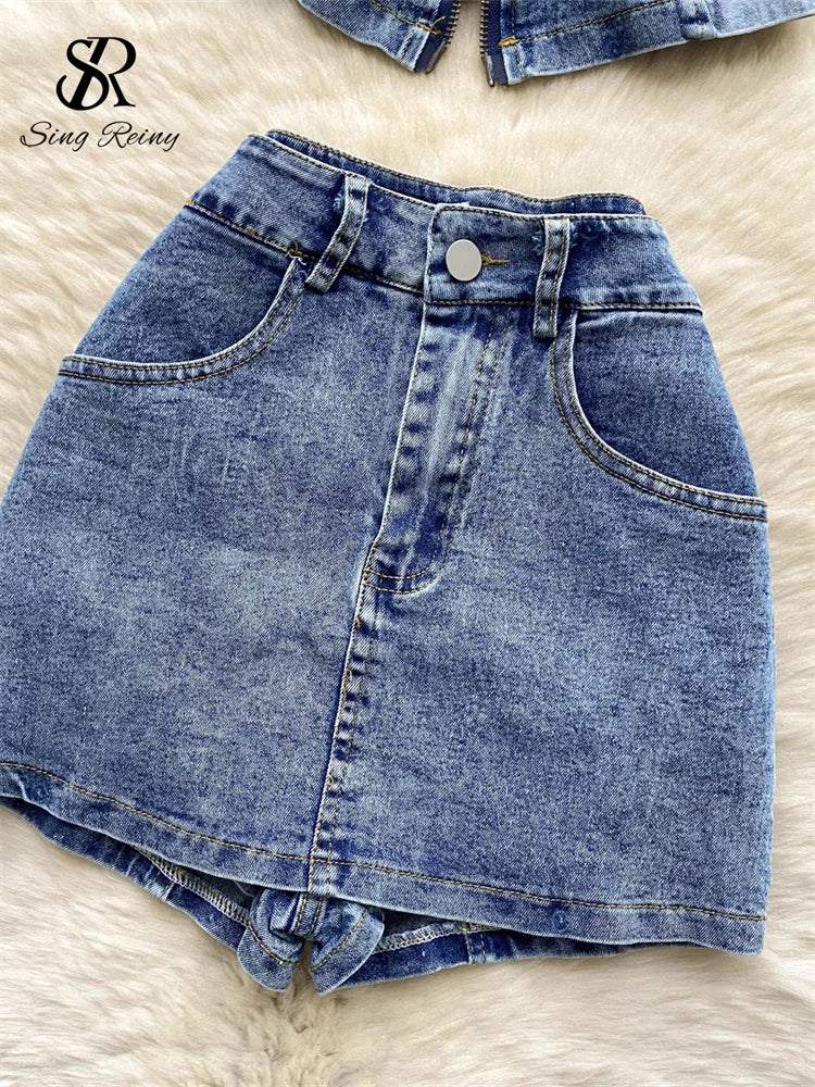 SINGREINY American Hotsweet Denim Suits Zipper Skinny Mini Top+High Waist Bodycon Skirt Women Summer Streetwear Two Piece Sets
