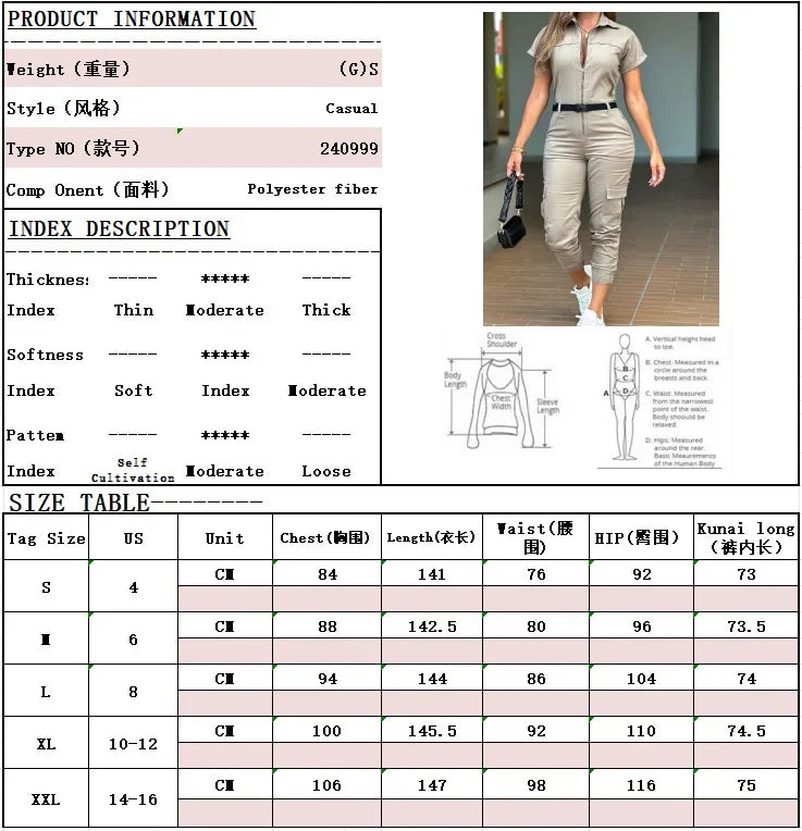 Sexy Women's Jumpsuit 2024 Summer New Fashion Zipper Workwear Short Sleeved Lapel Multi Pocket Waistband Bodysuit Pants Female - JN Fashion Fusion