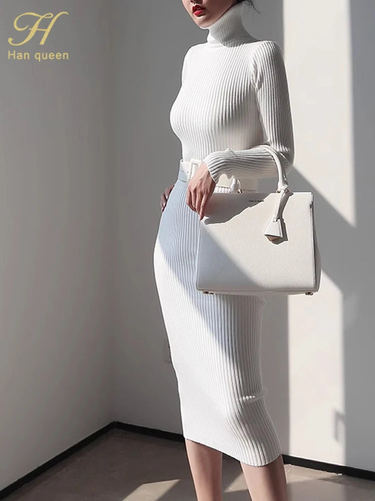 H Han Queen Knitted Turtleneck Sweater Bodycon Dress Bottoming Women Soft Elastic Autumn Winter Midi Party Dresses With Belt - JN Fashion Fusion