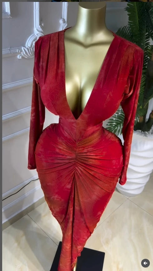 GLCMYAYA Women Printed Deep V-neck Stacked Ruched Bodycon Midi Maxi Dress 2026 Birthday Holiday Party Trendy Dresses Vestidos