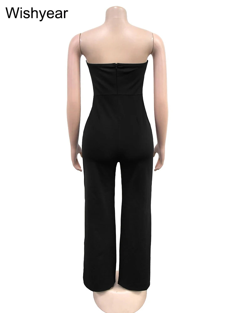 Wishyear Irregular Off Shoulder Sleeveless Strapless Jumpsuits Women Button Patchwork Wide Leg Pants Evening One Piece Outfits - JN Fashion Fusion
