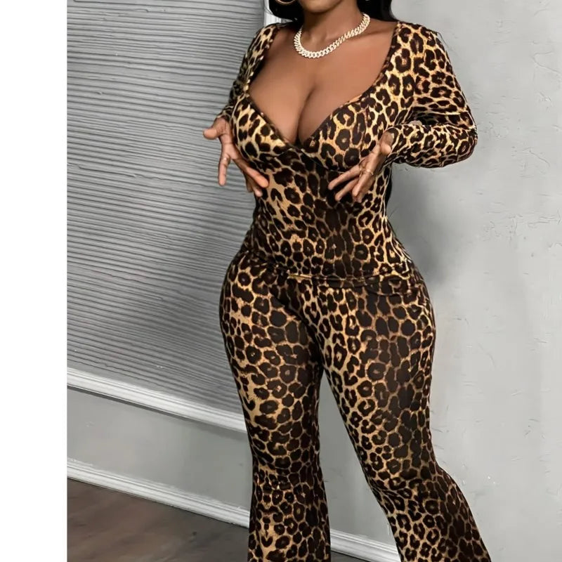 sexy Women's 2-piece Sets Suit Spring Summer Large size women deep v-neck two-piece leopard long-sleeve trousers set clothing - JN Fashion Fusion