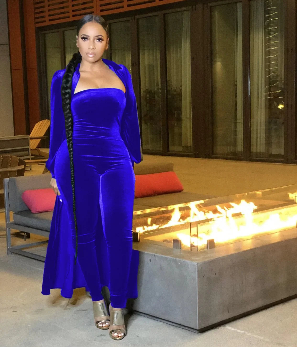 CM.YAYA Vintage Velvet Two 2 Piece Set Outfits for Women Long Sleeve Maxi Cardigan + Strapless Jumpsuit Suit INS 2022 Tracksuit