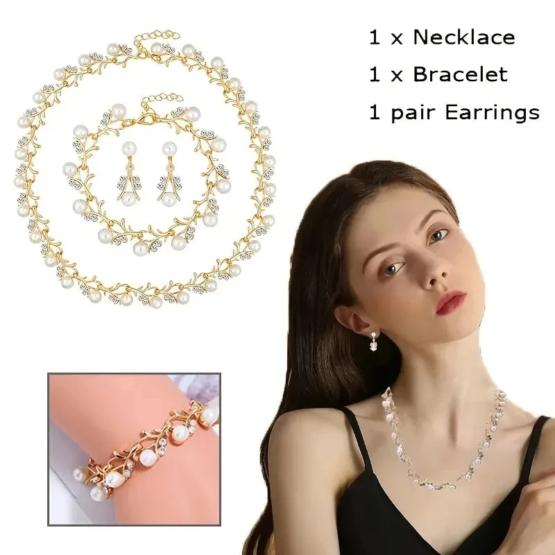 3pcs Sweet Jewelry Set - Artificial Pearl Pendant Necklace, Earrings & Bracelet for Banquet Party - JN Fashion Fusion