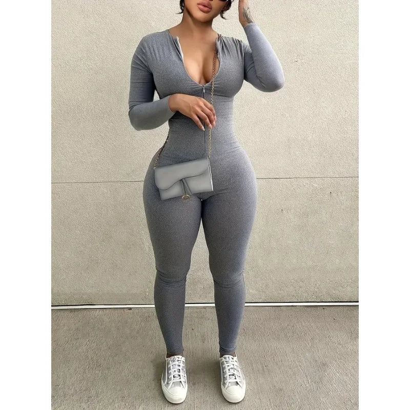 Plus Size 1XL-5XL New Women Sexy Sports Jumpsuits Autumn Solid Long Sleeve Bodycon Fashion Rompers - JN Fashion Fusion