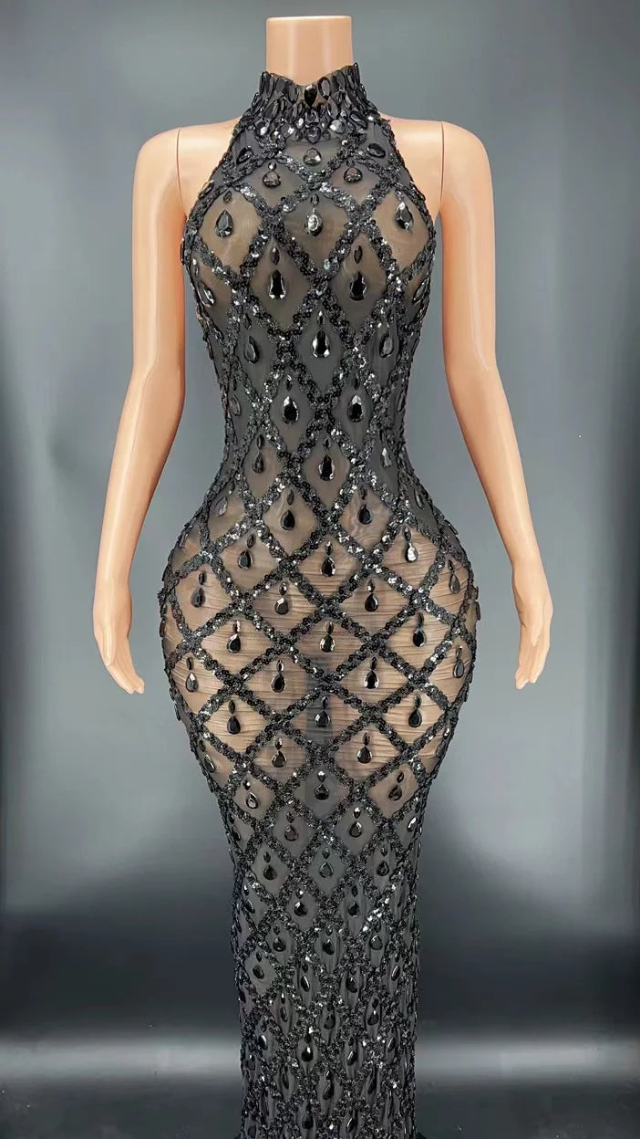 Elegant Dark Mesh Celebrate Evening Wedding Prom Gown Birthday Dress Photograph Wear Sparkly Rhinestones Sleeveless Long Dress - JN Fashion Fusion