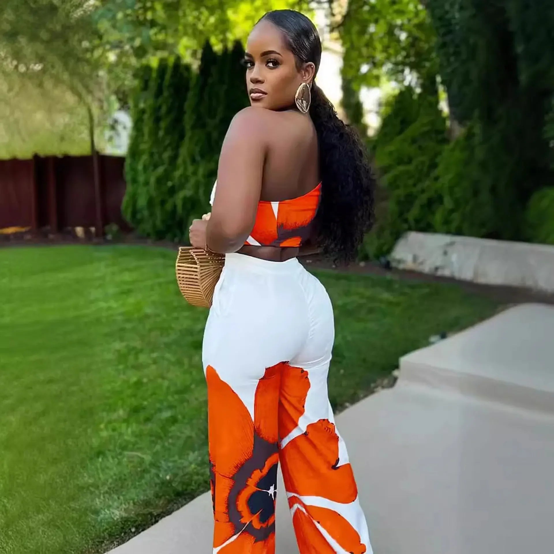 S10831 Euro-American Printing Single Shoulder Slims Smooths Your Silhouette Bell Bottoms 2-Piece Set Fashionable Dress Outfits - JN Fashion Fusion