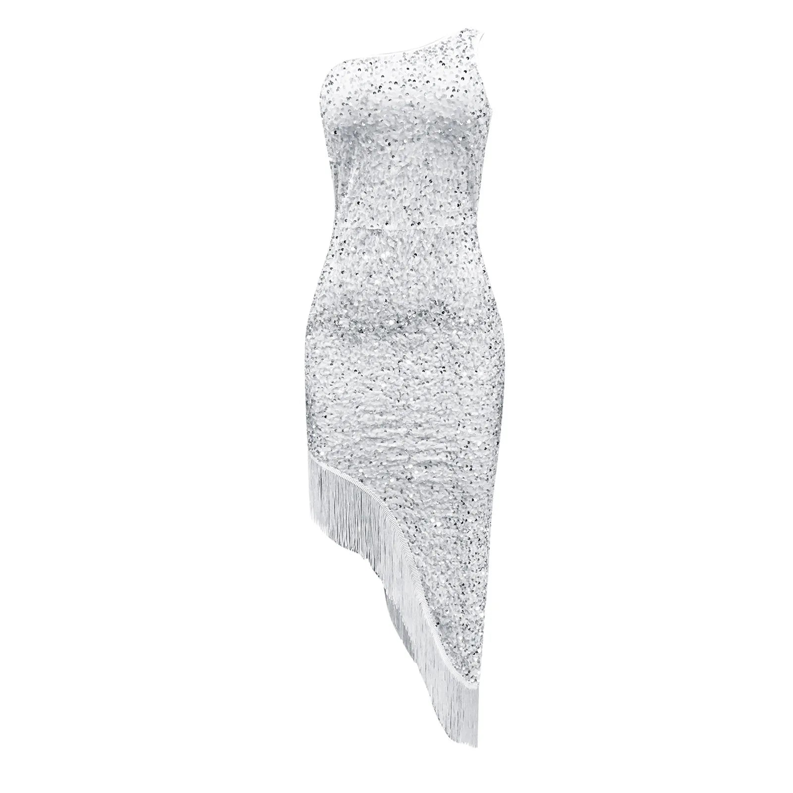 Women Sexy Gala Dress Slopping Shoulder Sleeveless Split Tassel Sequin Evening Dresses Sequins High Split Wrap Buttocks Skirt - JN Fashion Fusion